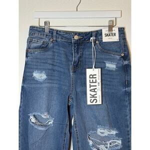 Refuge Denim Skater Jeans 05 Blue Low Rise Rigid Distressed Shredded Wide Baggy